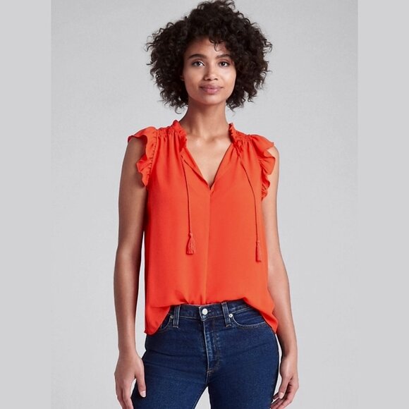 GAP Ruffle Sleeve Smock Shoulder split-neck orange pop blouse XL - Picture 2 of 8